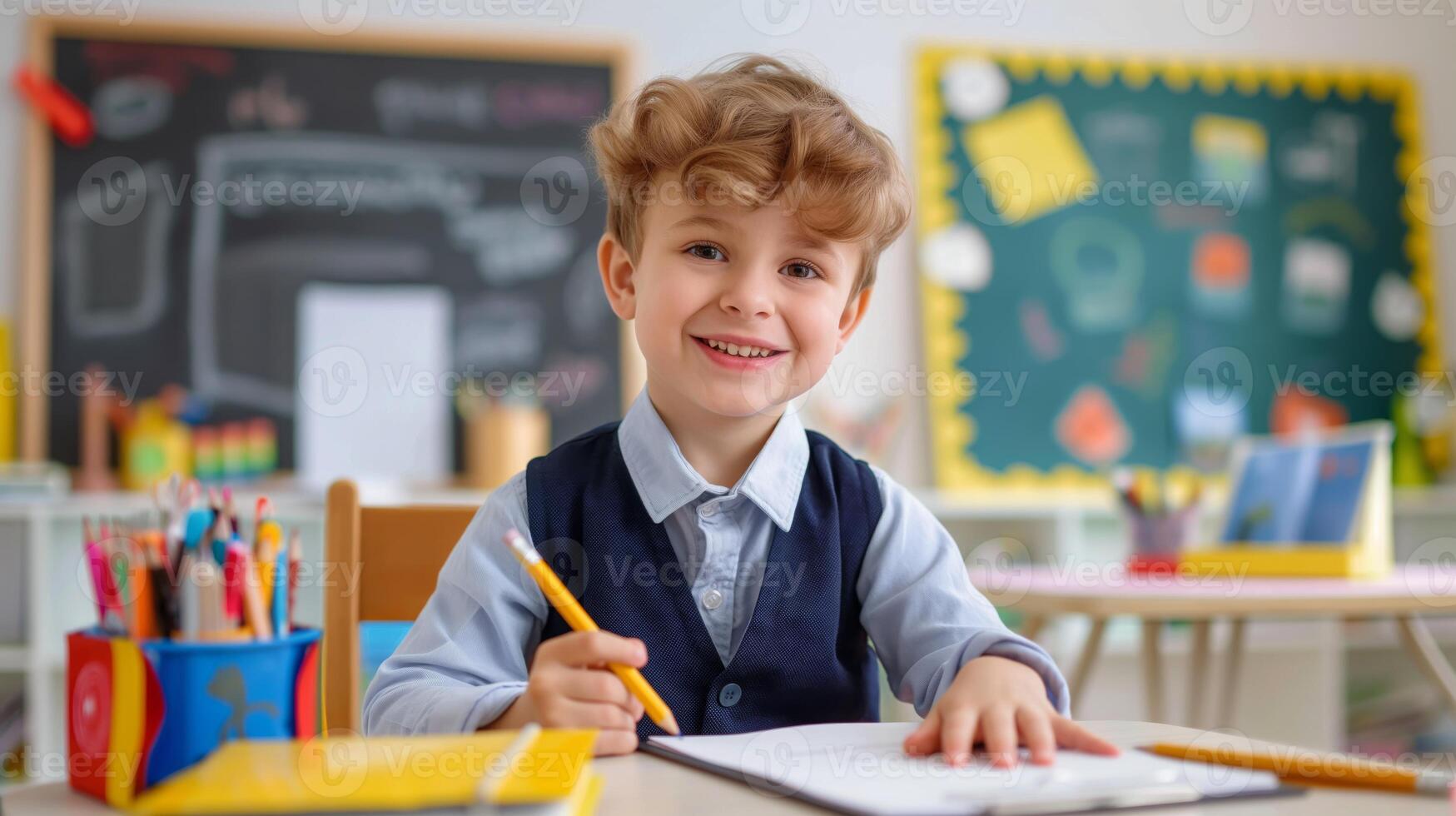 Happy Elementary School Student in Classroom, Diverse Education, Back to School, Learning Enthusiasm photo