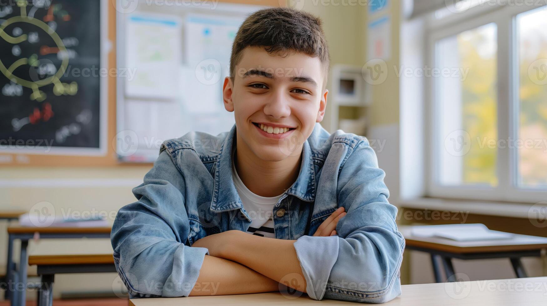 Friendly High School Boy in Classroom, Smiling, Wearing Denim Jacket, Autumn Day, Academic Environment photo