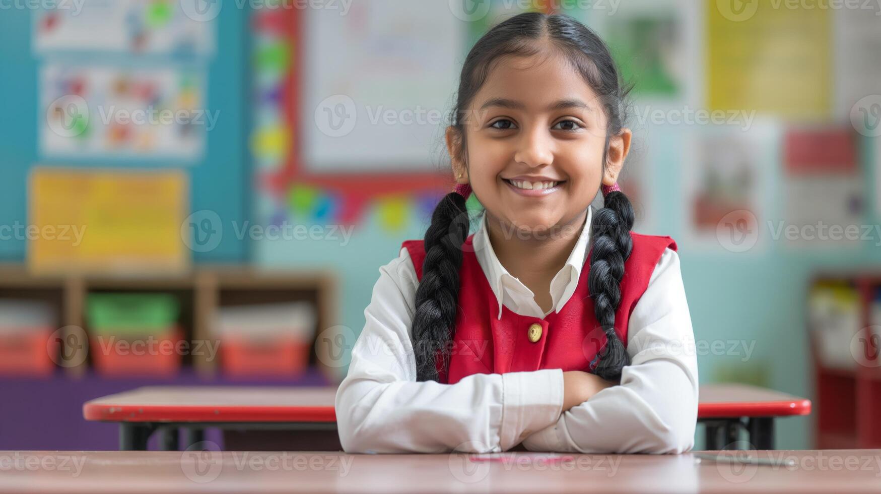 Smiling Indian Elementary School Girl with Braided Hair Sitting at a Desk in Classroom Setting photo