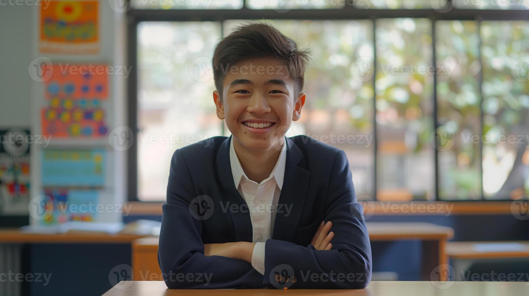 Smiling Asian Teenage Boy in School Uniform at Desk, Classroom Environment, Educational Setting for Learning and Study photo