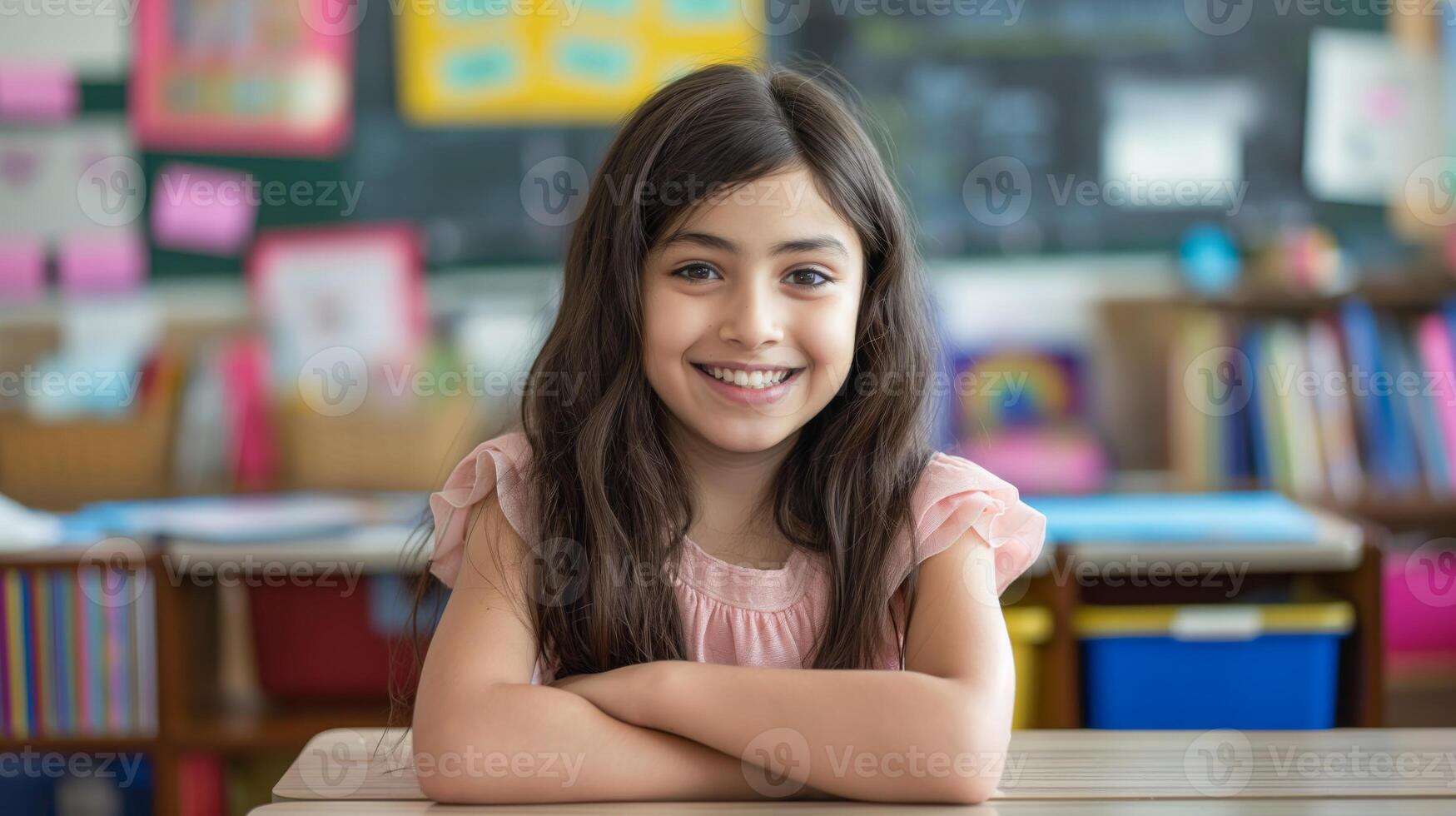 Young Southern European Girl Smiling in Classroom Setting for Educational and Diversity Themes photo