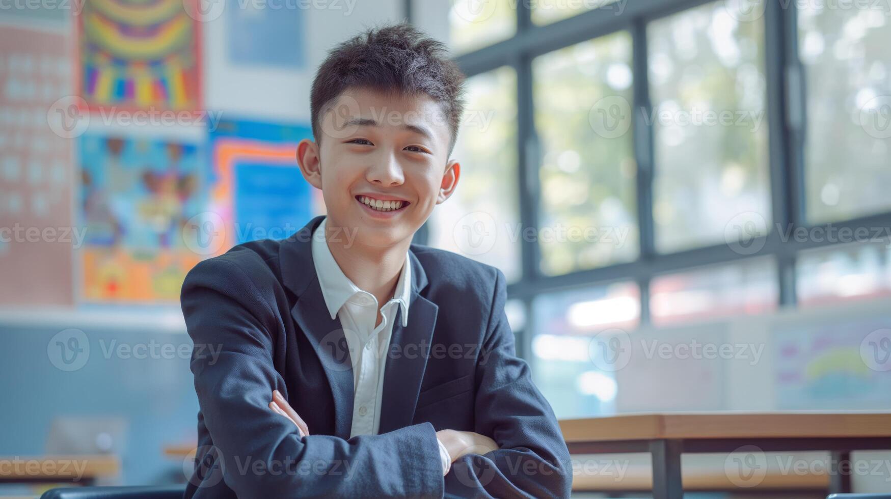 Smiling Chinese Teenage Boy in Classroom, Education and Learning Concept, Ideal for Educational Posters and School Campaigns photo