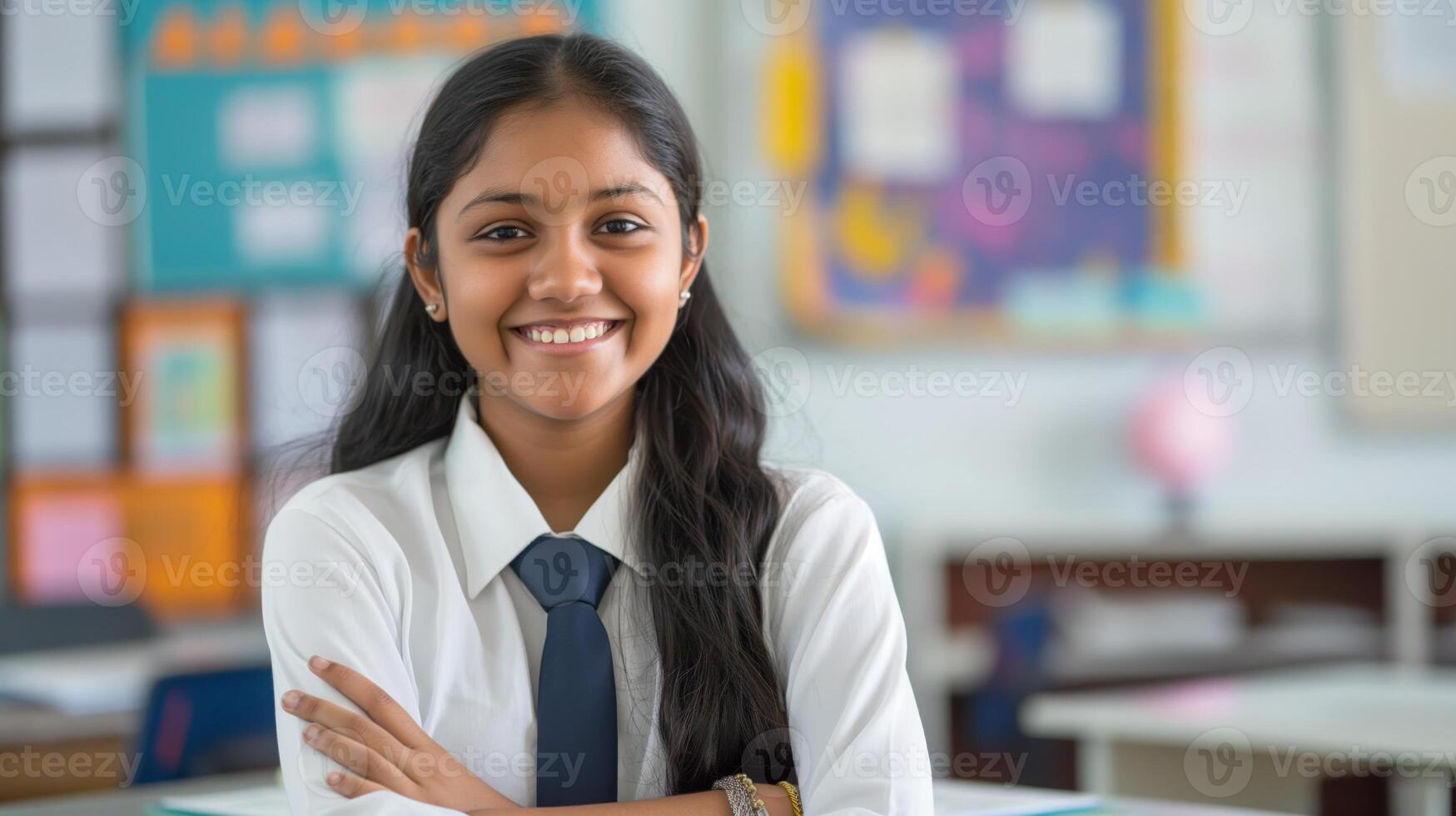 Smiling Bangladeshi High School Girl in Classroom Setting for Education and Learning Concepts photo