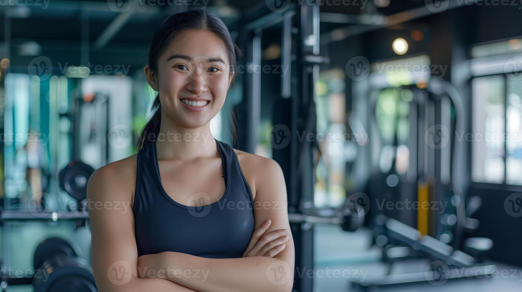 Fitness Enthusiast Smiling Confidently in Gym, Diverse Models for Wellness and Health Promotion photo