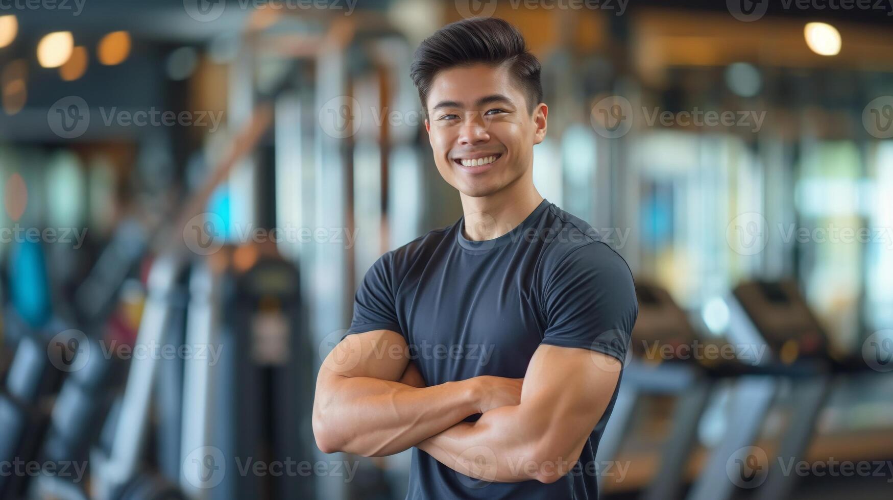 A man is standing in a gym with his arms crossed, smiling photo