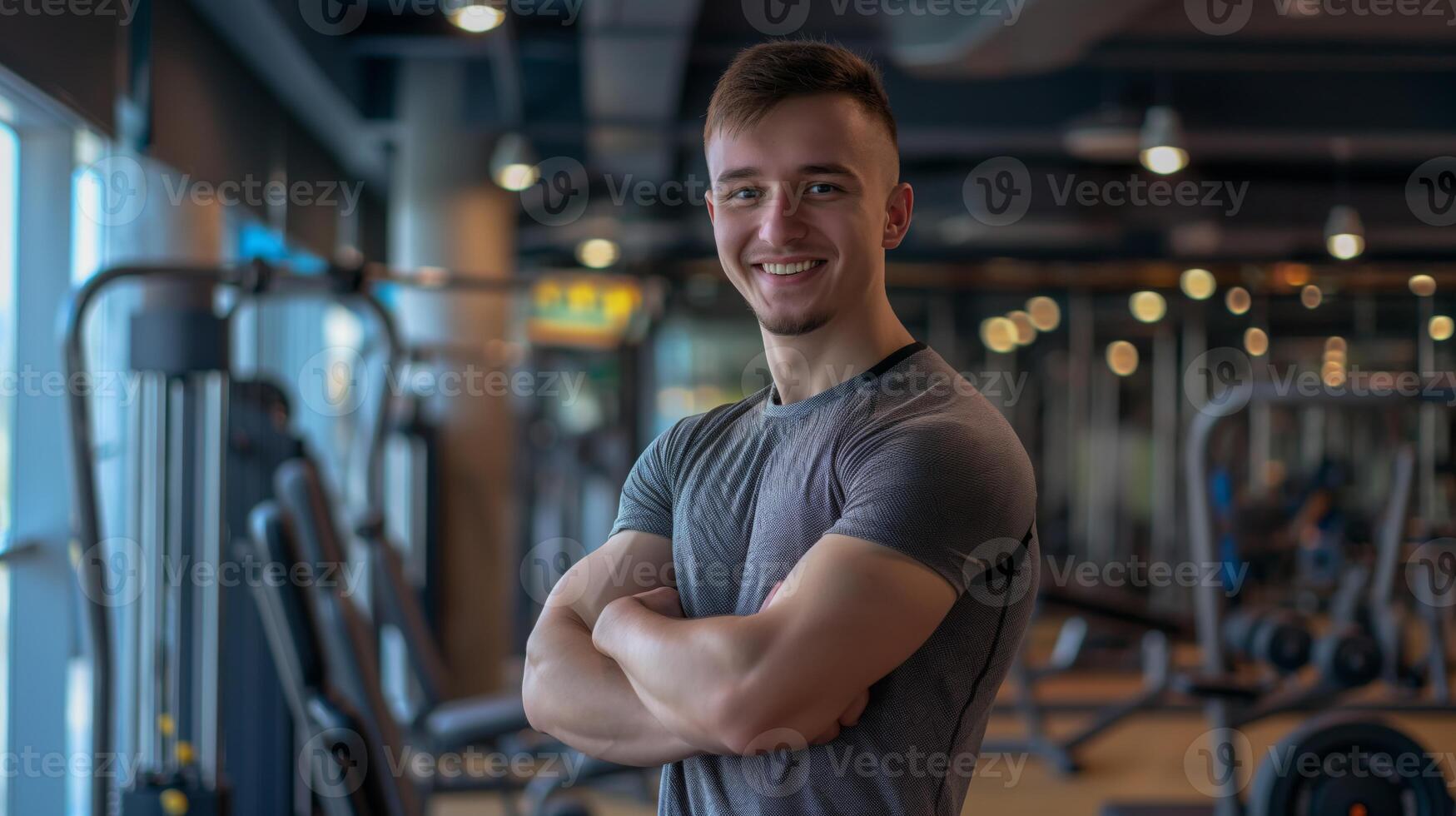 Confident Eastern European Fitness Trainer Smiling in a Modern Gym Environment, Perfect for Health and Wellness Promotion photo