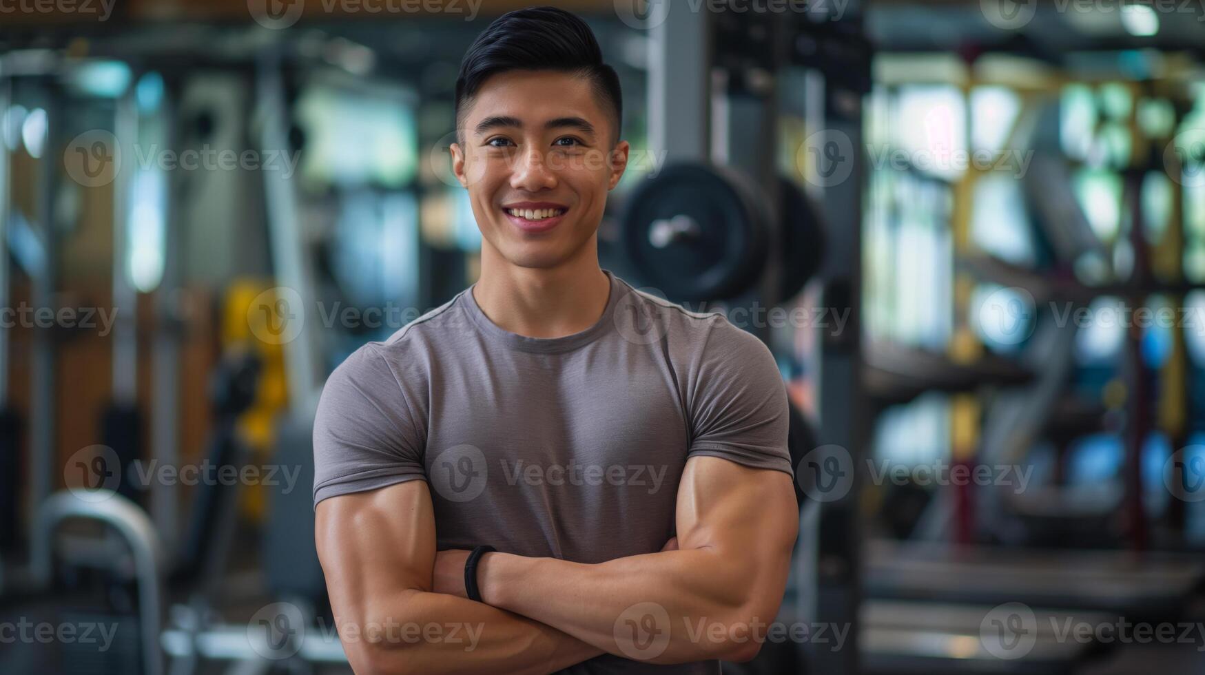 Confident Young Southeast Asian Male Fitness Trainer in Gym Setting for Health and Wellness Promotions photo