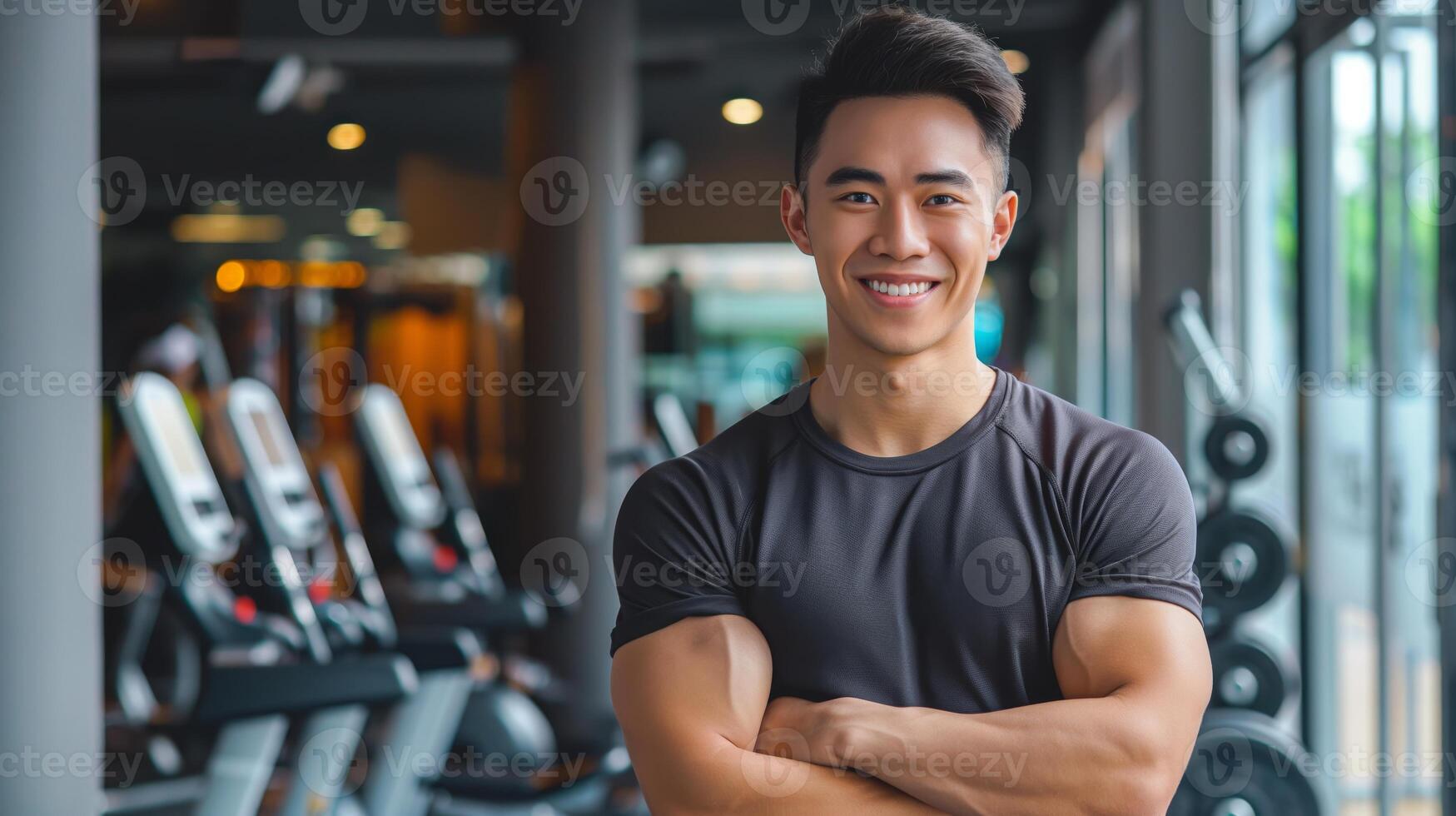 Charismatic Thai Male Fitness Trainer in Modern Gym Environment, Professional Health and Fitness Enthusiast, Asian Athletic Model Portrait photo