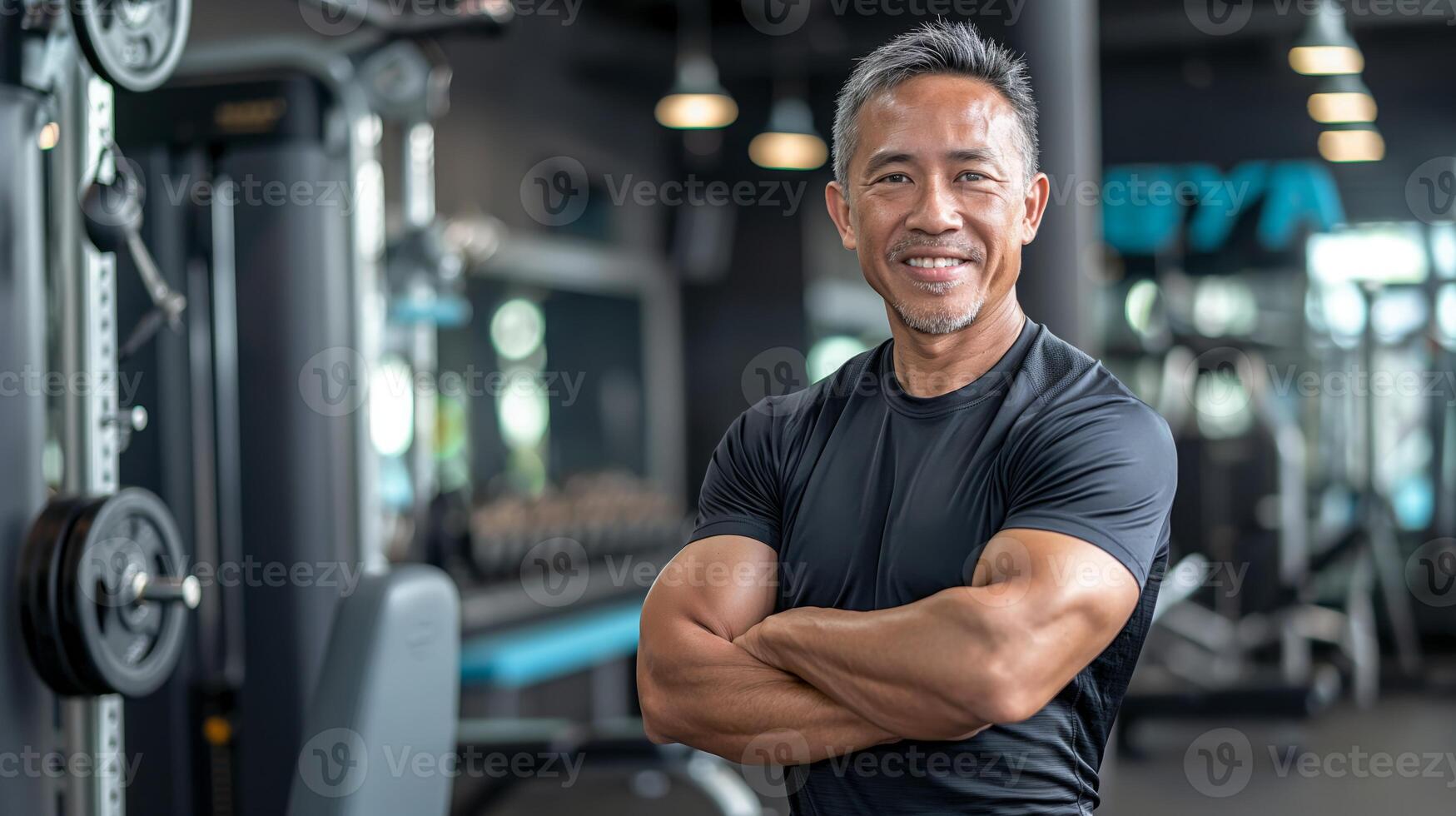 Asian Male Fitness Trainer at Gym, Strength Training, Workout Motivation, Personal Trainer for Health and Wellness, Athletic Physique photo
