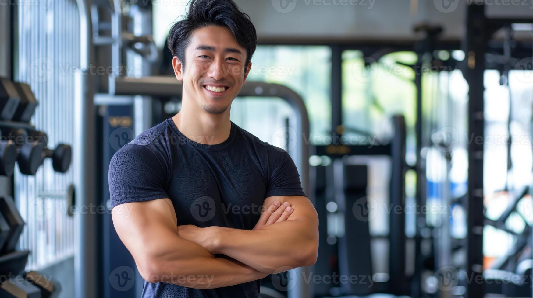 Confident Asian Male Fitness Trainer Smiling at Gym with Crossed Arms, Encouraging Healthy Lifestyle and Physical Fitness Goals photo