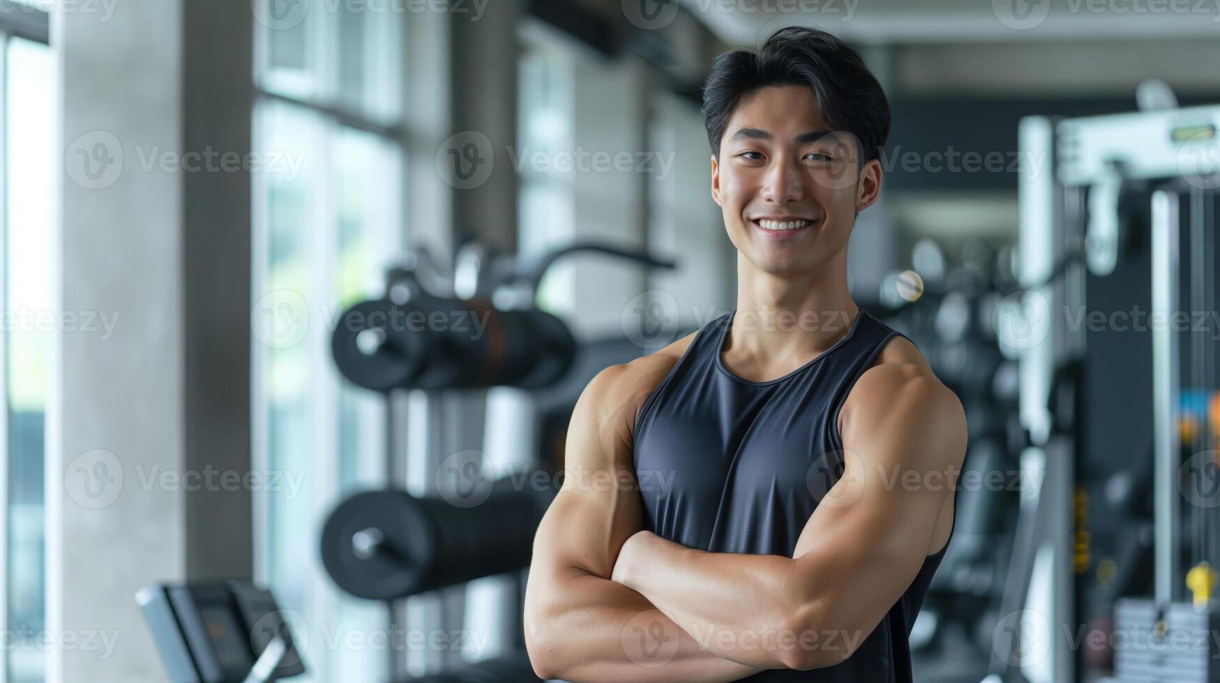 Japanese Male Fitness Trainer in Modern Gym Setting for Workout Inspiration and Health Promotion photo