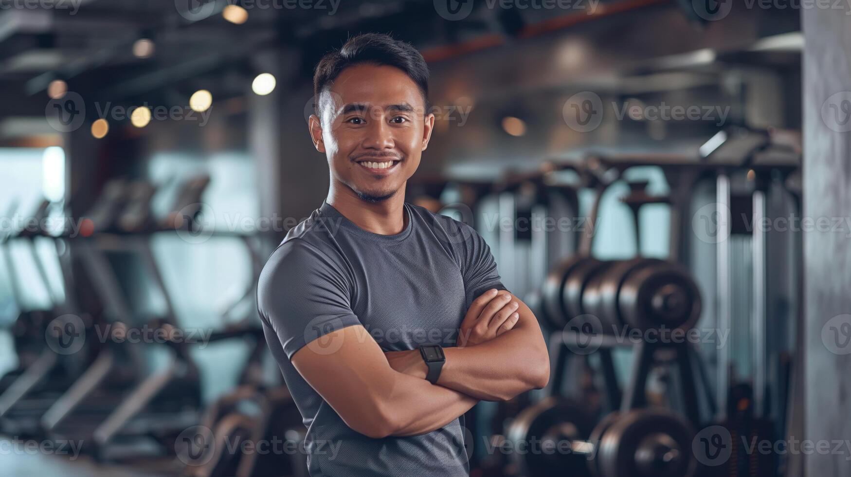 Smiling Indonesian Male Fitness Trainer in Gym Setting, Promoting Healthy Lifestyle and Personal Training Sessions, Fitness Motivation photo