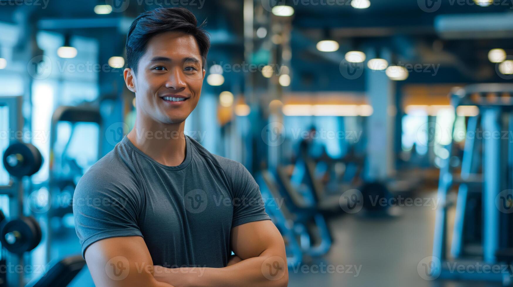 Confident Southeast Asian Male Fitness Trainer in a Modern Gym, Promoting Exercise, Healthy Lifestyle, and Personal Training Services photo