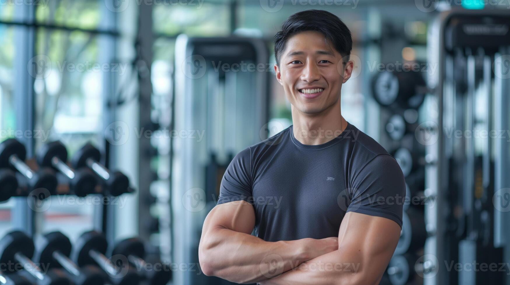 Korean Male Fitness Trainer Standing with Crossed Arms, Smiling in Modern Gym - Fitness and Health Motivation photo