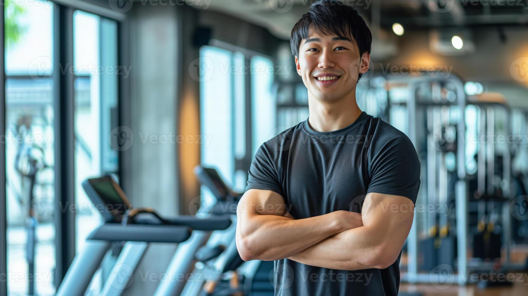 Young Japanese Male Fitness Trainer Standing with Crossed Arms in Modern Gym Environment for Health and Wellness Promotions photo