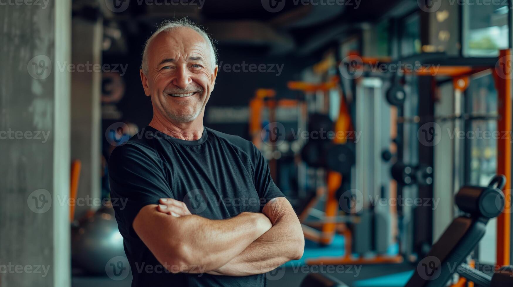Senior Fitness Trainer Posing Confidently in Modern Gym Environment, Embracing Healthy Lifestyle photo