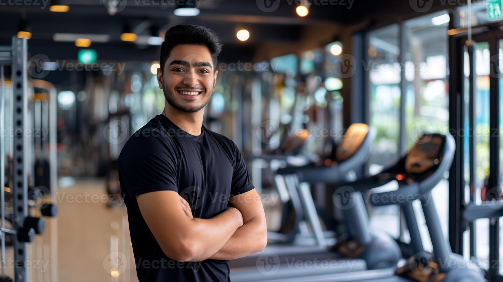 Young Male Pakistani Fitness Trainer Smiling in Modern Gym Environment, Inspiring Health and Workout Motivation photo