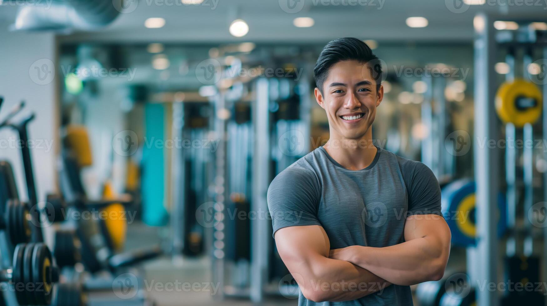 Fit and Smiling Asian Male Fitness Trainer in a Modern Gym Setting, Standing with Confidence, Promoting Health and Wellbeing photo