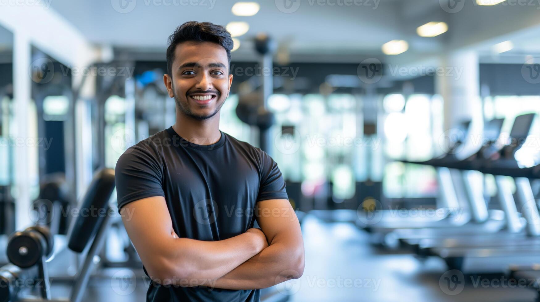 A Young Bangladeshi Male Fitness Trainer in a Modern Gym, Promoting Health and Wellness, Ideal for Fitness Campaigns and Health-Related Advertisements photo