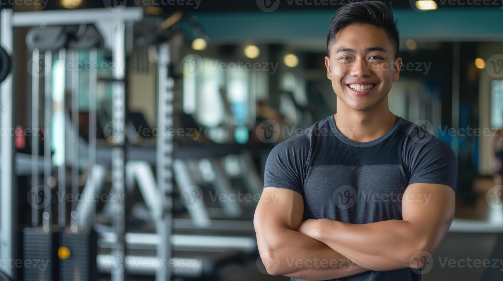 Smiling Filipino Fitness Trainer in Gym Setting for Health and Wellness Promotion photo