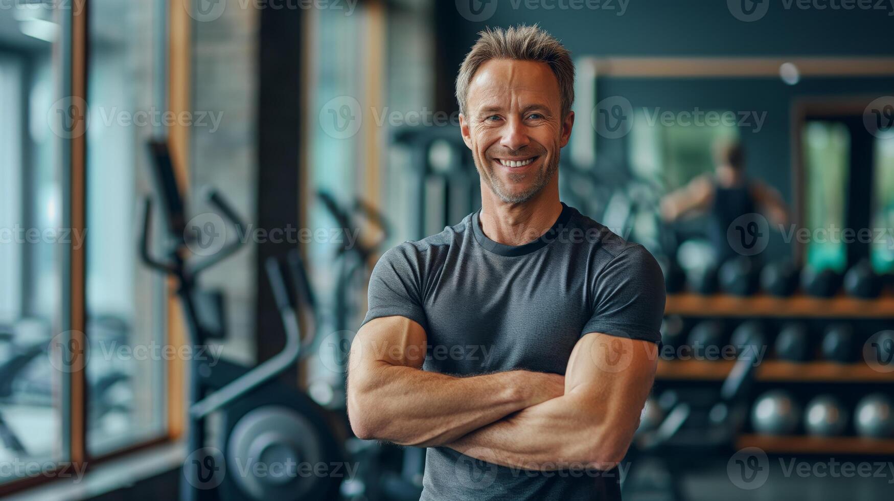 Middle-Aged Male Fitness Trainer in Gym, Promoting Health and Wellness, Perfect for Fitness Advertisements, Gym Promotions photo