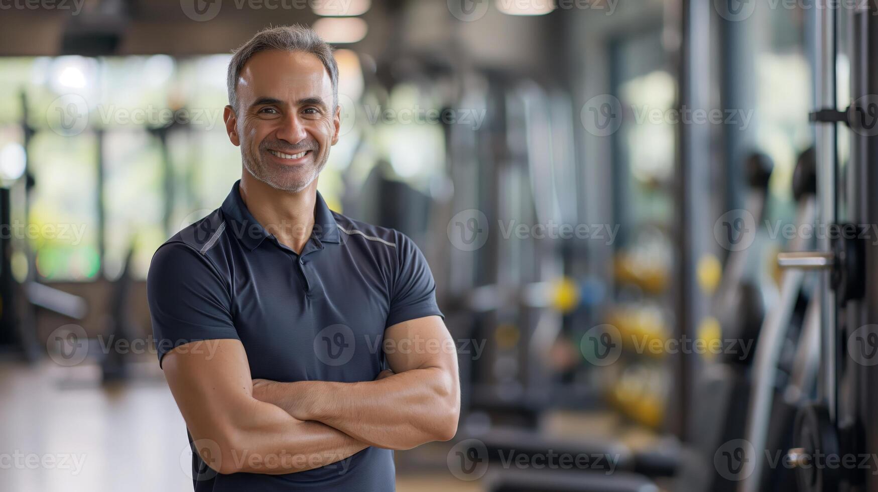 Fitness Trainer Standing with Arms Crossed in a Modern Gym Environment photo