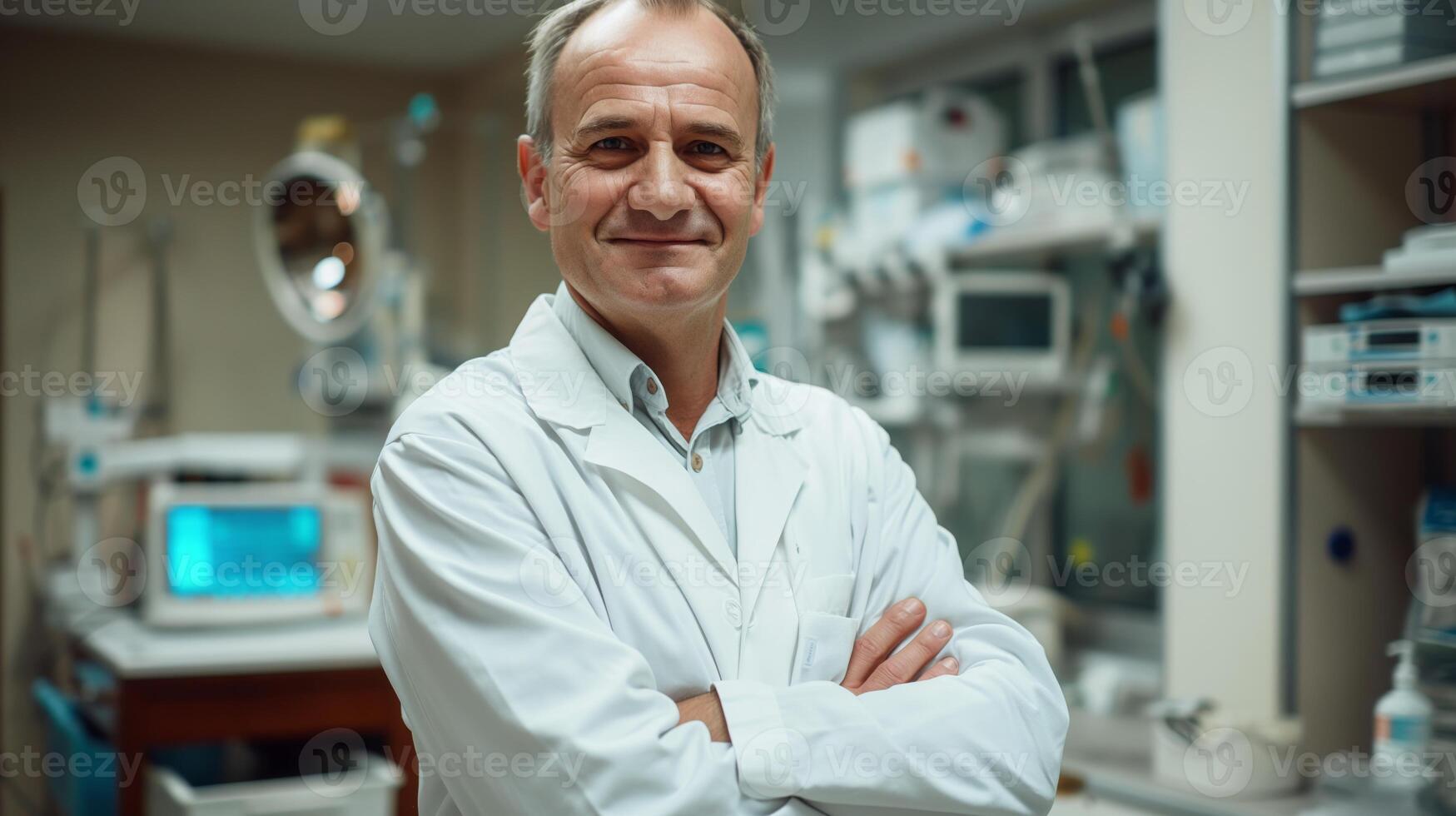 Smiling Middle-Aged Male Western European Doctor in Modern Medical Laboratory for Healthcare and Medical Research photo