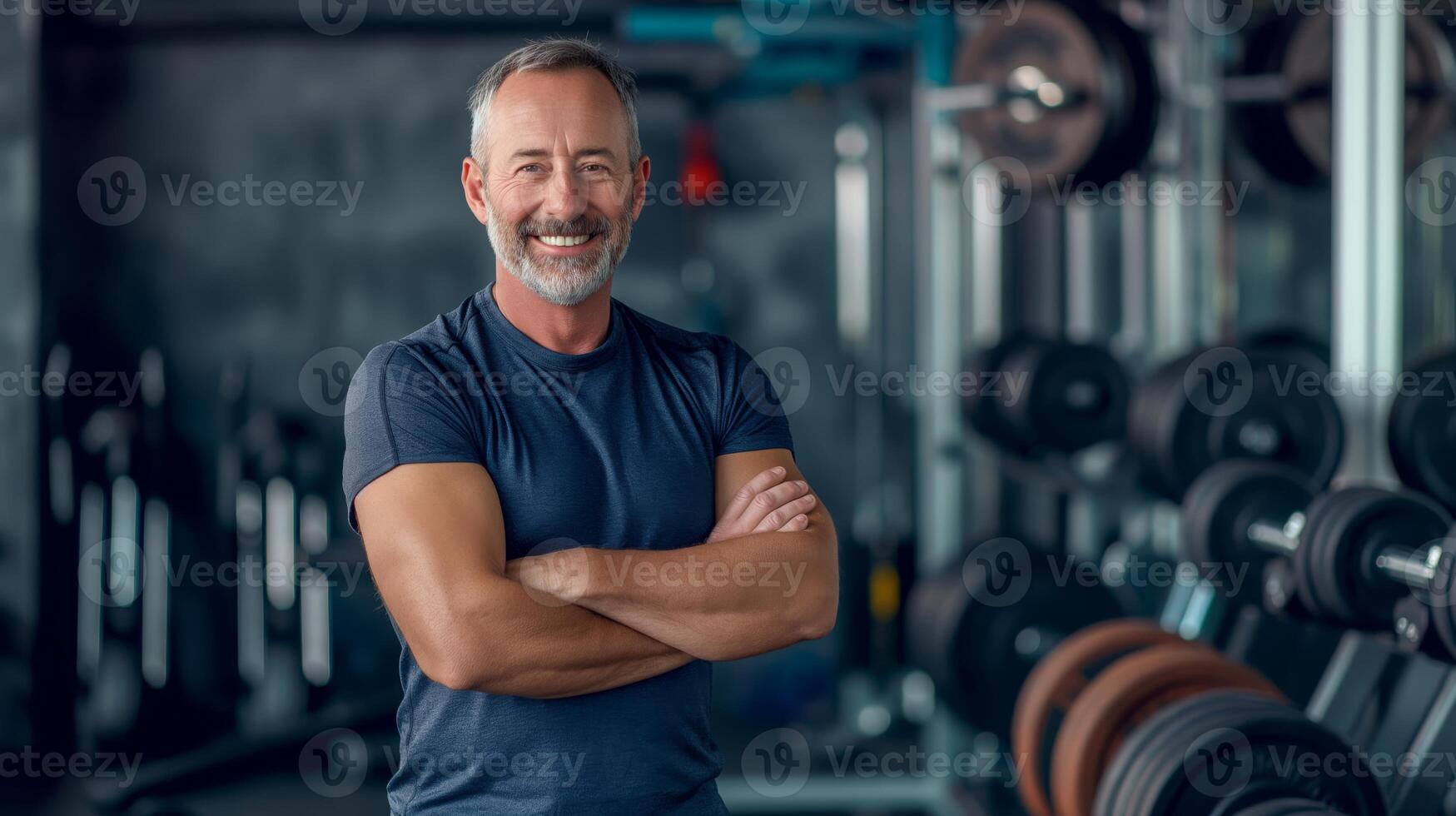 Middle-aged Male Fitness Trainer Smiling in Gym, Promoting Healthy Lifestyle, Strength Training, and Wellness photo