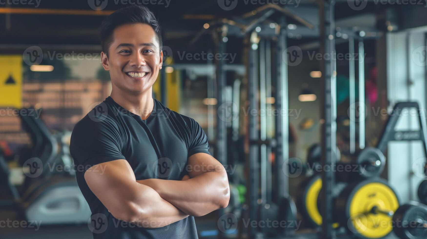 Filipino Fitness Trainer Smiling in Gym Setting, Promoting Health and Wellness for Training Programs and Motivational Concepts photo