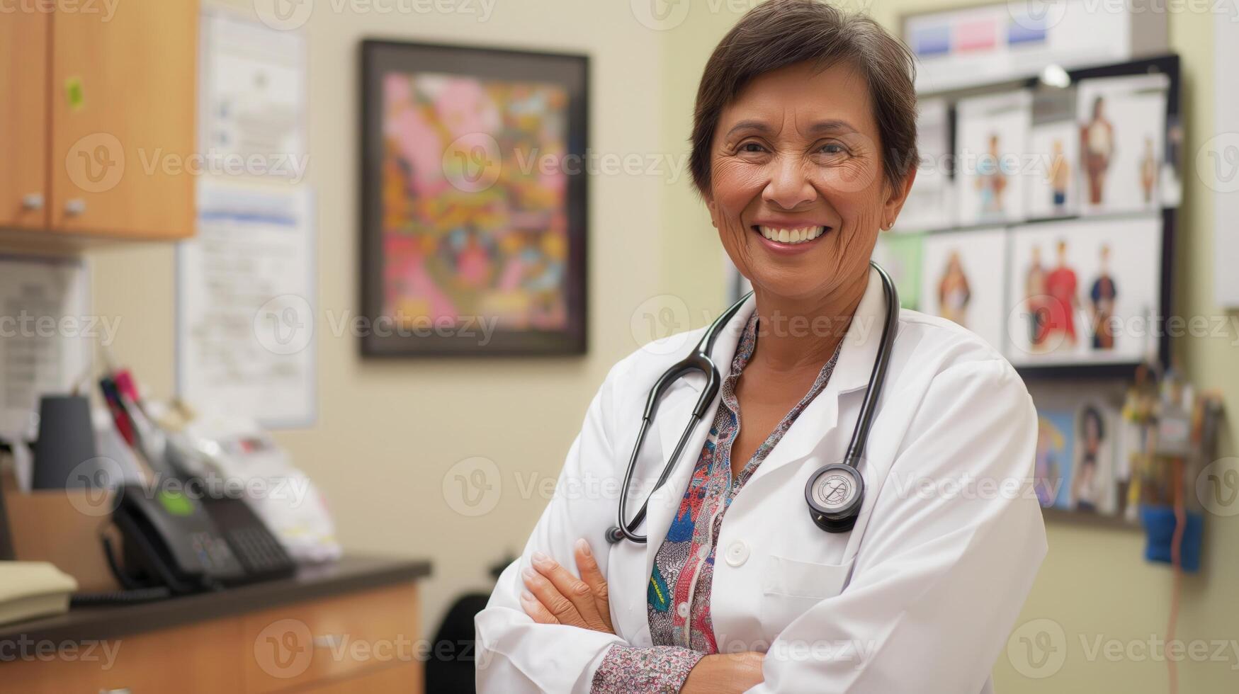 Friendly Elderly Hispanic Female Doctor Smiling in Medical Office, Emphasizing Diversity and Professional Care, Ideal for Health and Wellness Design photo