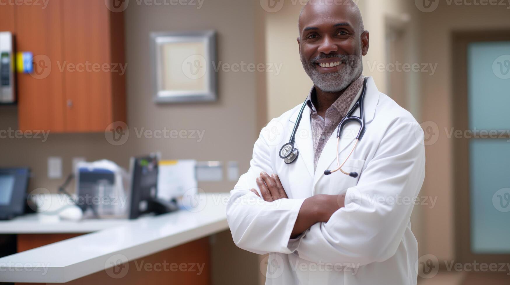 Confident African American Male Doctor in Clinic Office, Medical Professional for Healthcare Awareness and Promotion photo