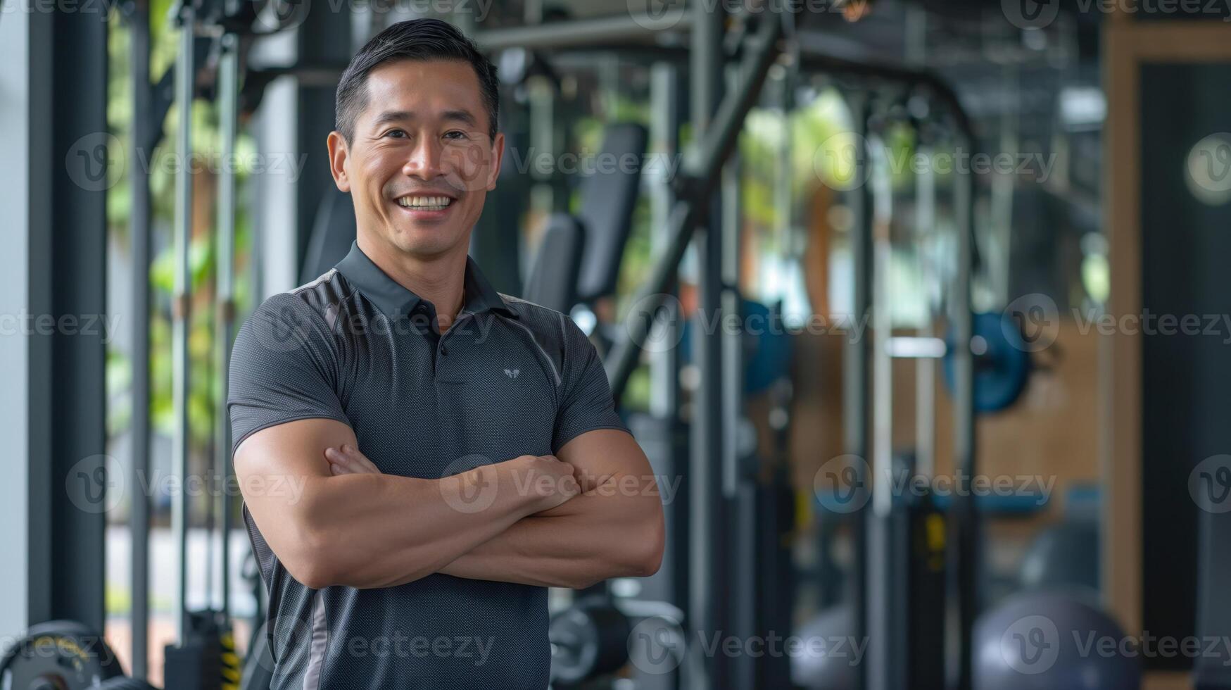Confident Middle Aged Southeast Asian Male Fitness Trainer Smiling in Modern Gym Environment for Health and Wellness photo