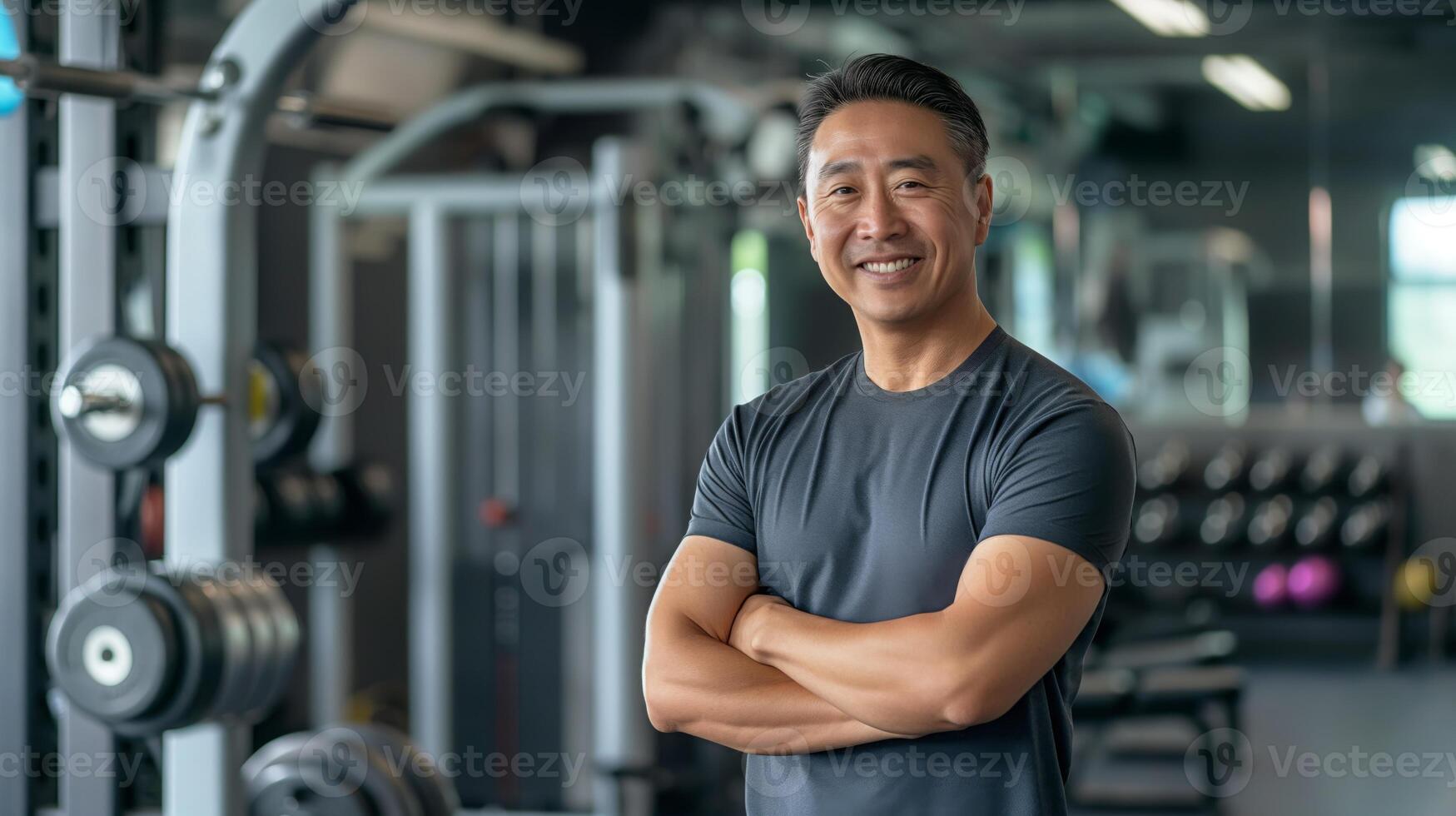 Middle-Aged Chinese Male Fitness Trainer in Gym Setting, Strength and Health Concept for Fitness Posters and Print Designs photo
