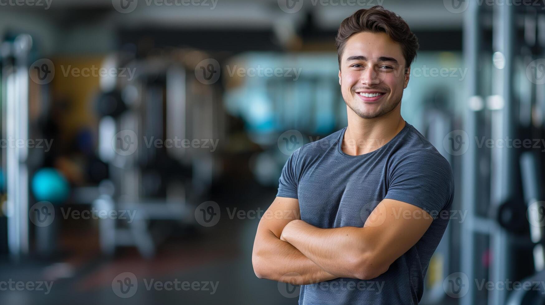 Fitness Trainer Working at the Gym, Smiling and Confident, Ideal for Health and Motivation Campaigns or Sports Advertising photo