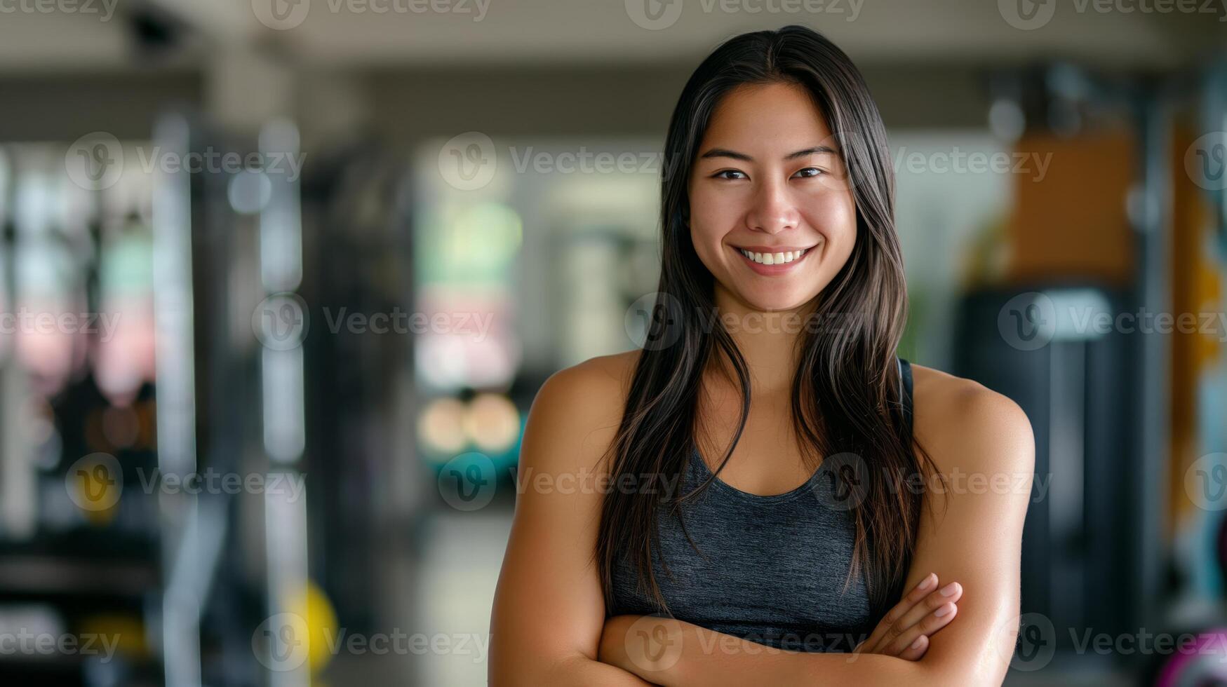 Confident Fitness Trainer in Gym, Smiling Woman, Diverse Representation, Health and Wellness Inspiration photo