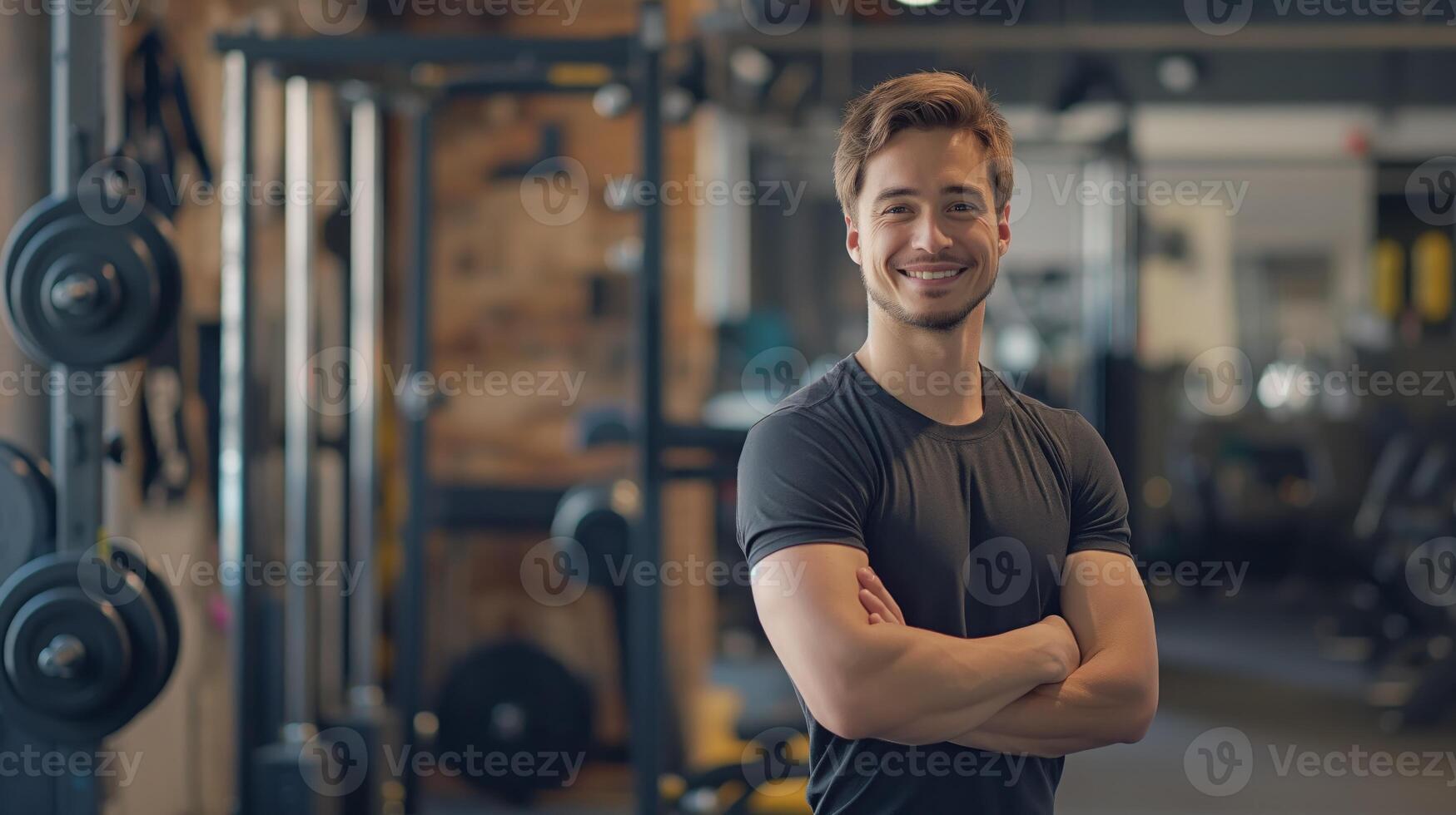Young French Male Fitness Trainer Smiling in a Modern Gym, Perfect for Health and Wellness Promotion, Fitness Campaigns, and Exercise Guides photo