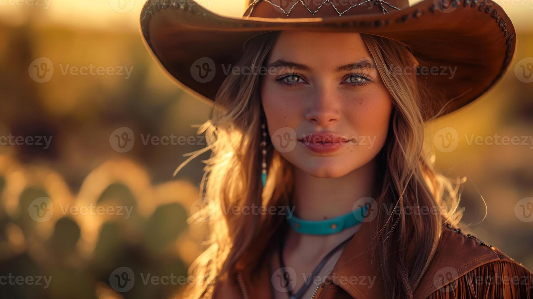 Cowgirl Portrait at Sunset in Western Attire, Perfect for Posters or Print Design, Emphasizing Rustic Charm and Country Lifestyle photo