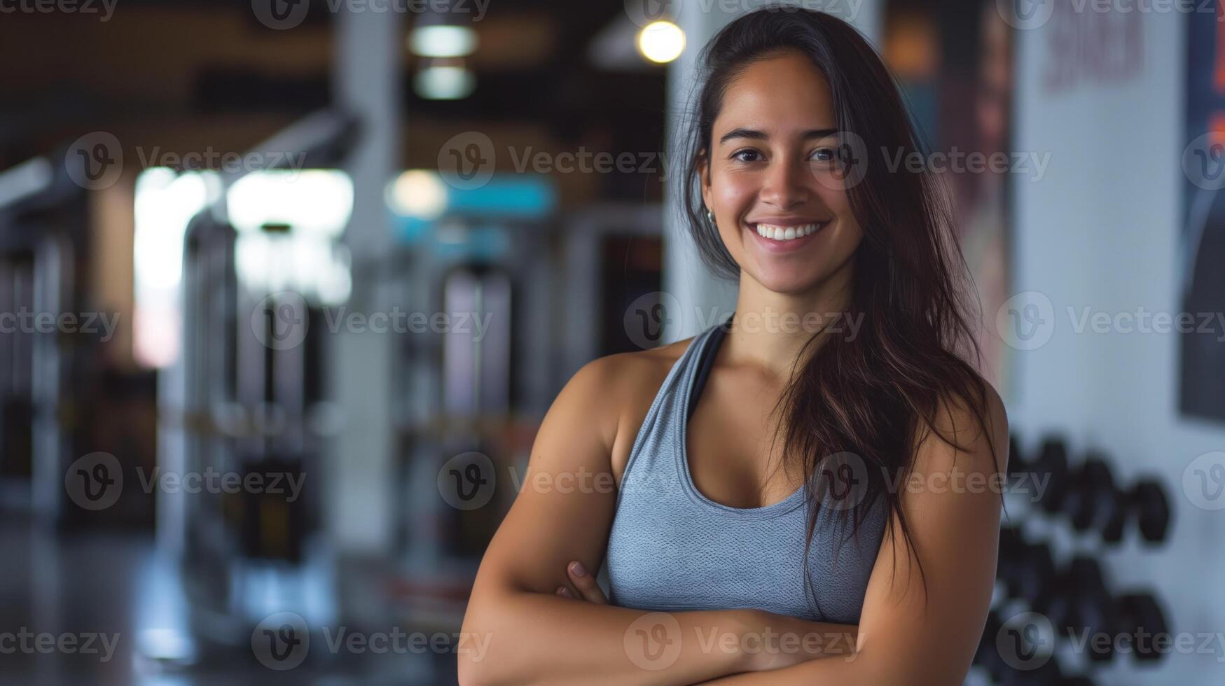 Confident Fitness Trainer Smiling While Standing with Arms Crossed in Modern Gym Setting for Health and Wellness Themes photo