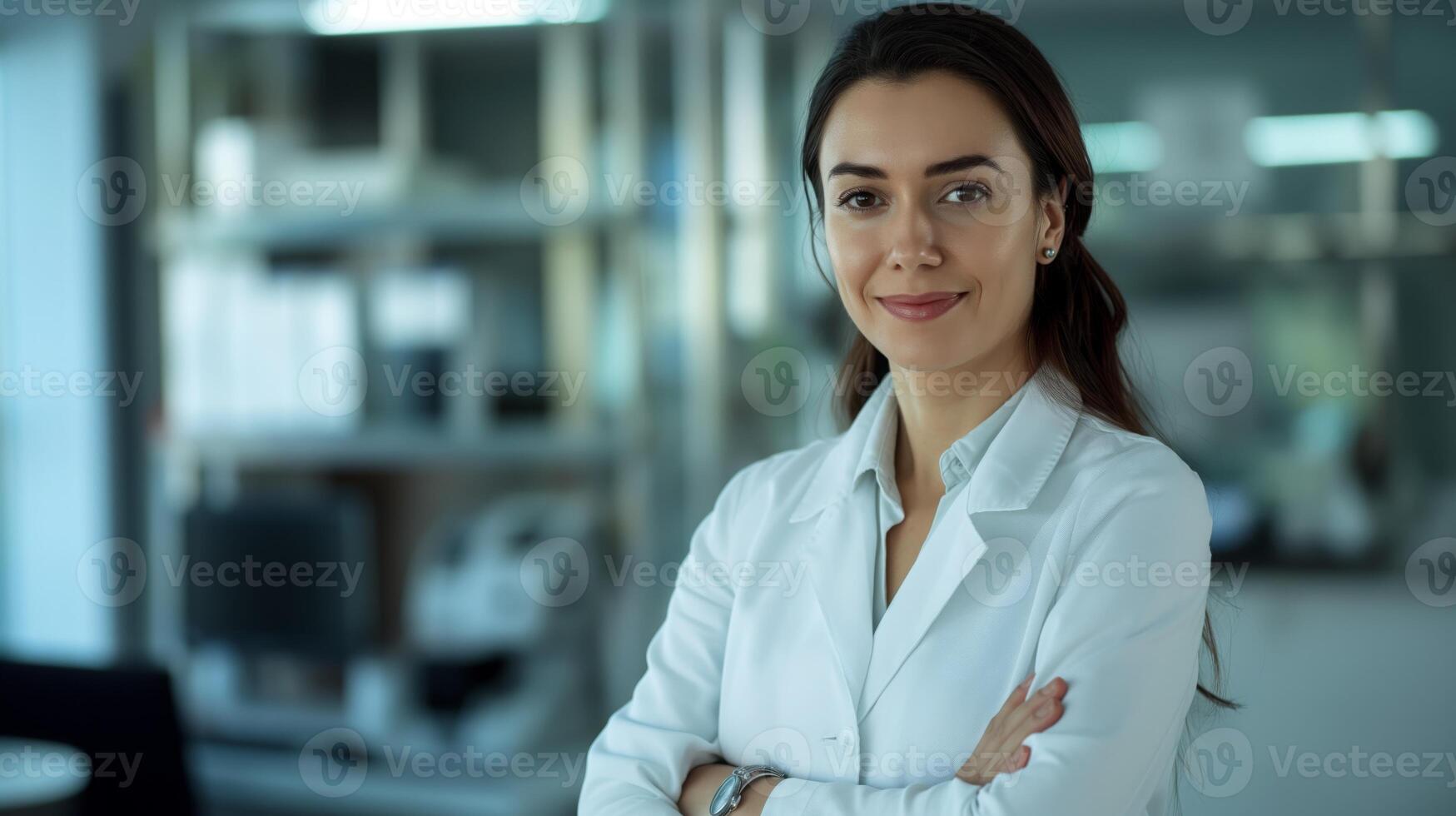 Confident Southern European Female Doctor Smiling in Modern Healthcare Facility - Ideal for Medical Publications, Healthcare Websites, and Educational Material photo