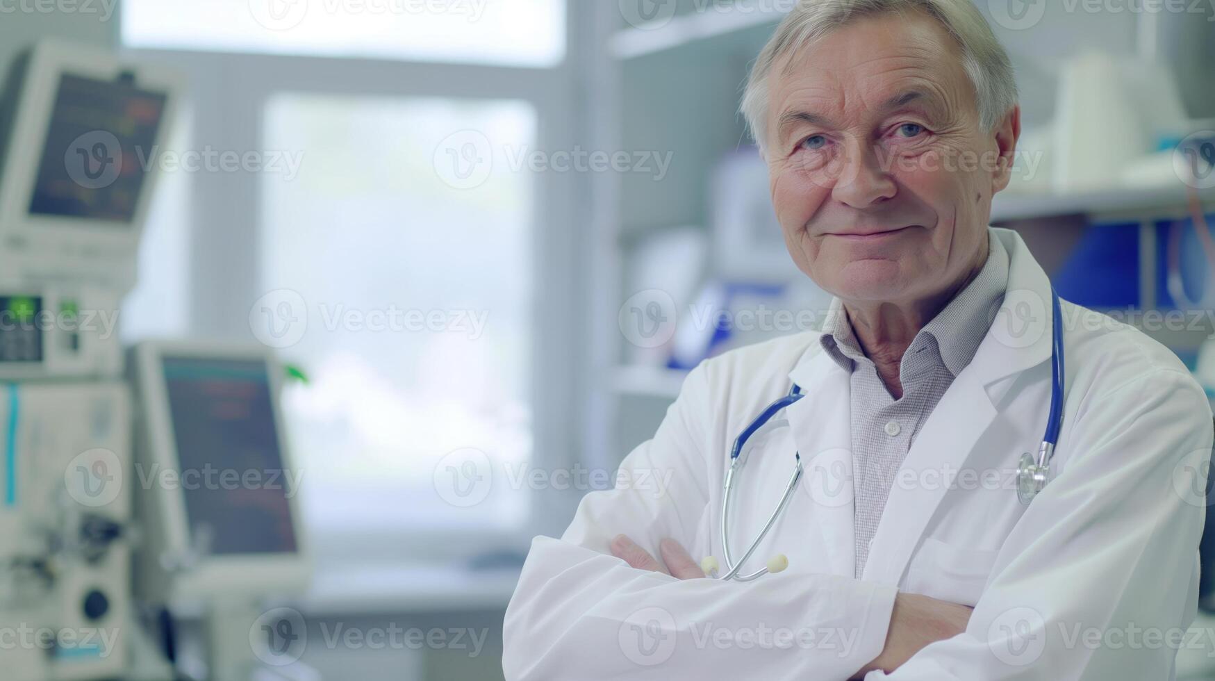 Elderly Male Russian Doctor Smiling Gently in a Well-Equipped Medical Laboratory, Emphasizing Experience and Professionalism photo