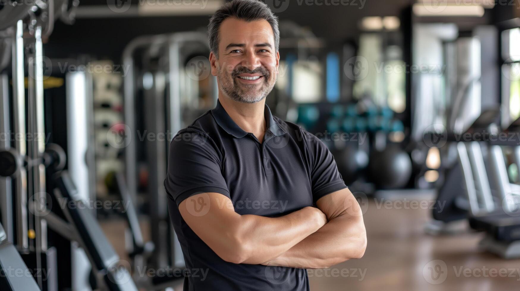 Smiling Fitness Trainer in Modern Gym, Cross-Training Equipment Background, Ideal for Motivational Posters and Health Articles photo
