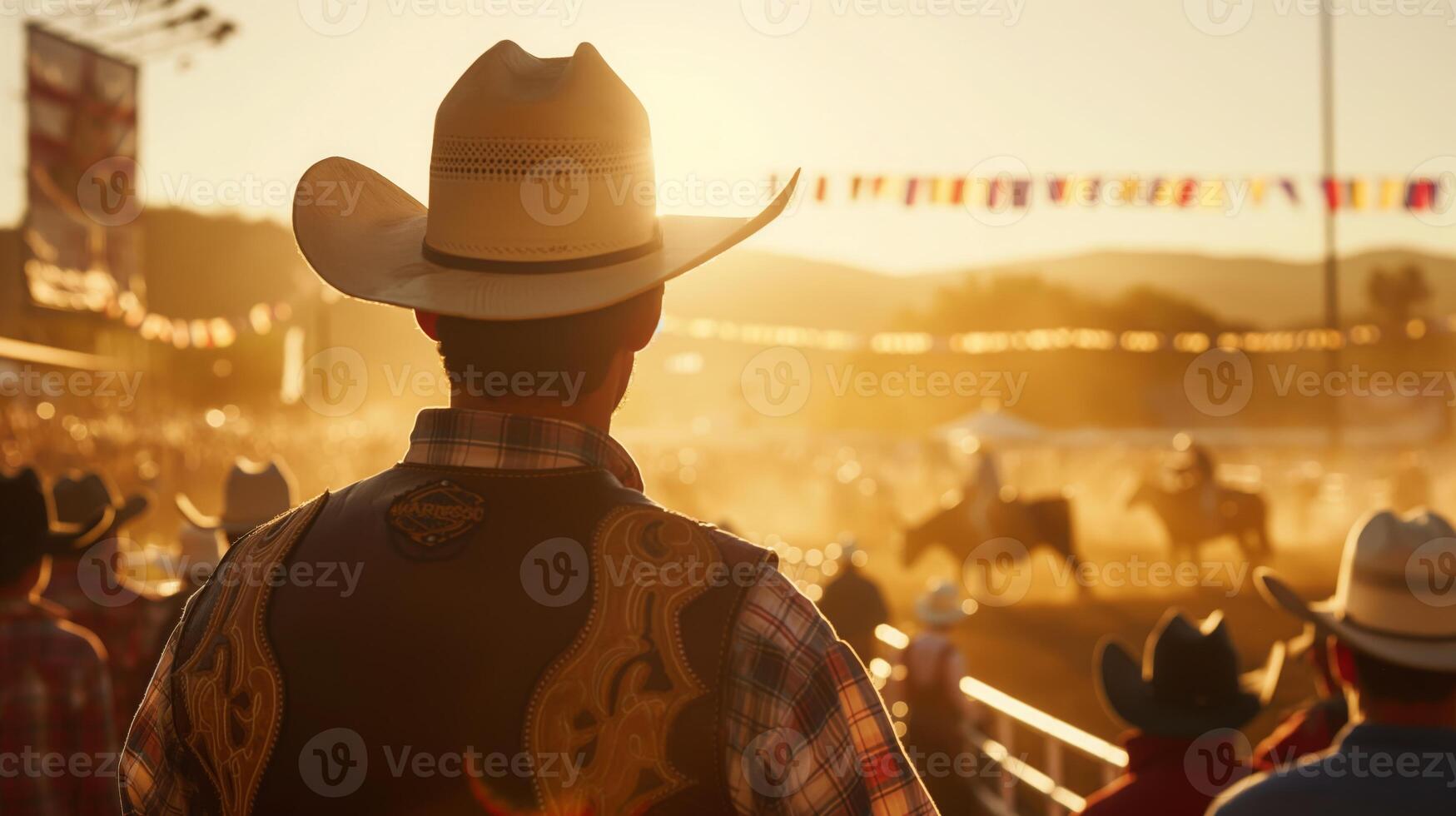 Sunset Rodeo Event, Cowboy Watching Equestrian Performance, Western Tradition, Outdoor Festival Atmosphere photo