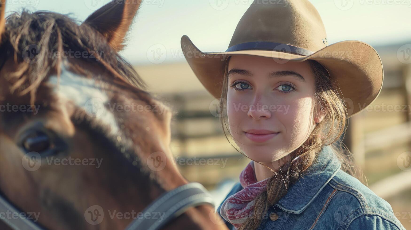 Cowgirl Portrait with Horse in Countryside, Western Lifestyle, Rural Living, Suitable for Print, Poster, Card Design photo