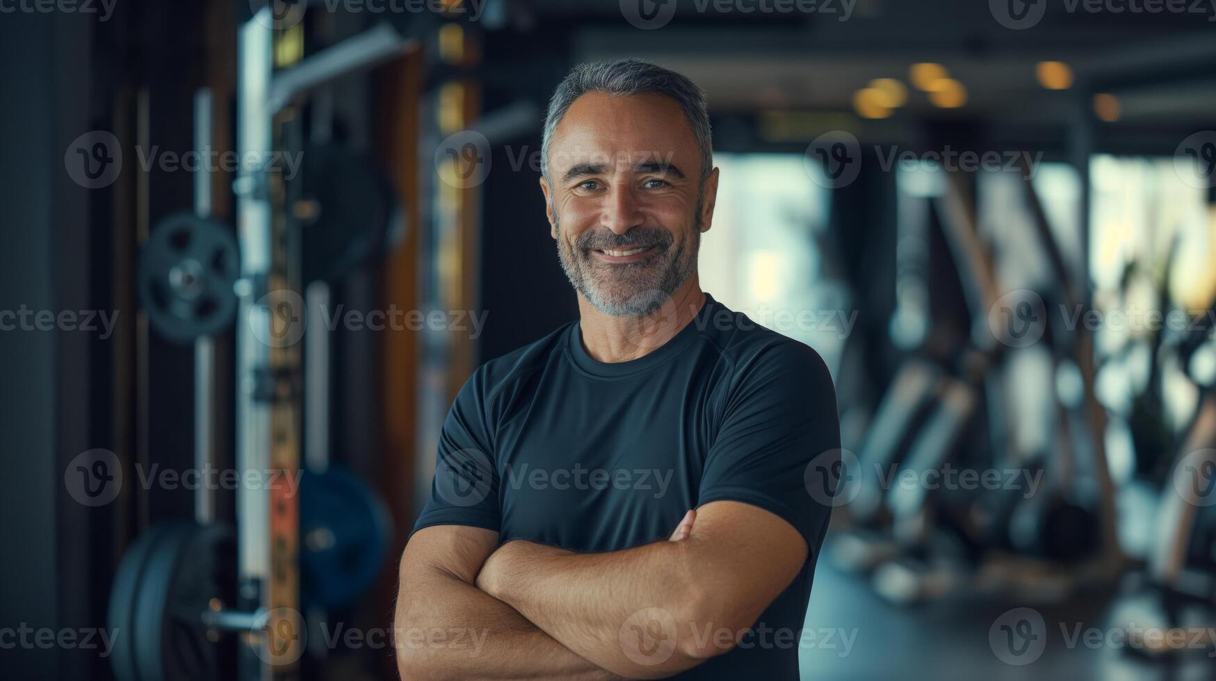 Middle Aged French Male Fitness Trainer Smiling at Gym, Promoting Active Lifestyle and Healthy Living photo