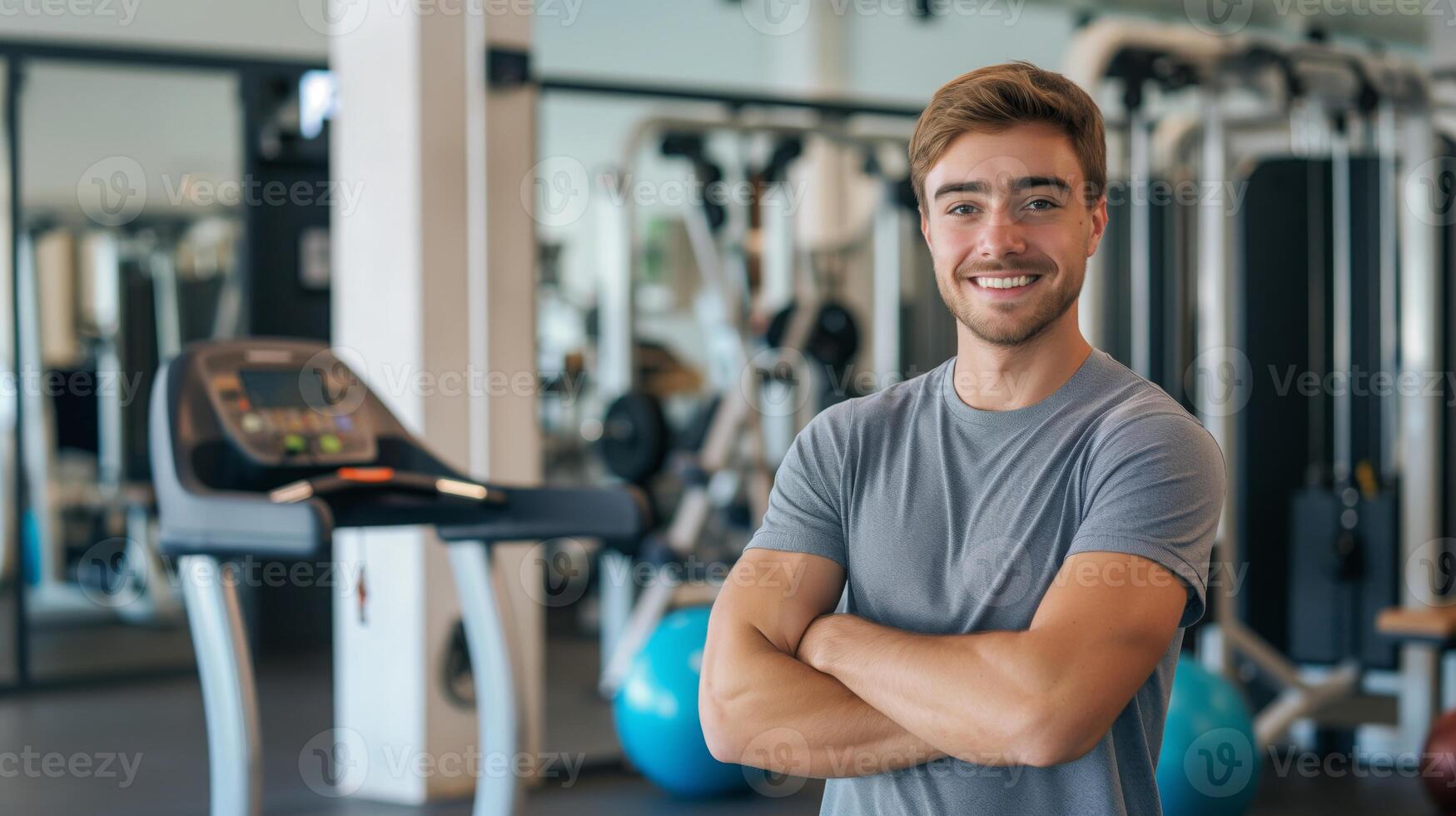 Smiling Young Male Fitness Trainer in Modern Gym, Perfect for Health and Wellness Promotions, Stock Photography photo