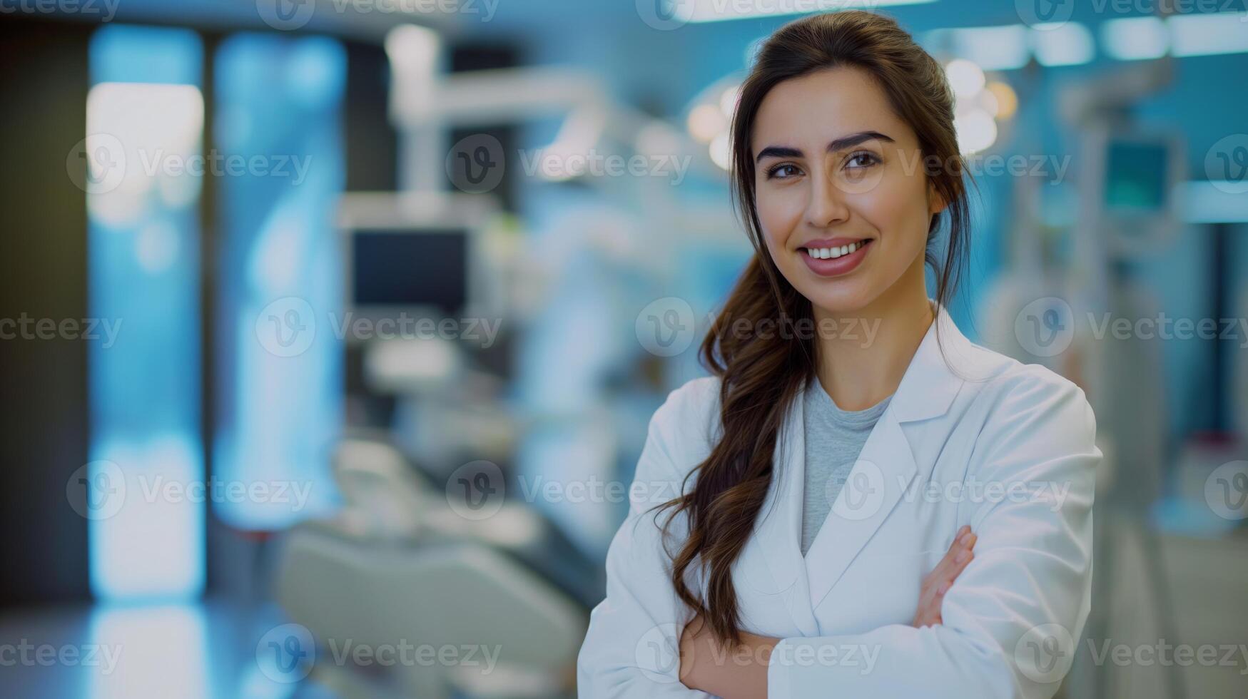 Warmly Smiling Female Greek Doctor in a Modern Medical Facility, Perfect for Healthcare and Medical Promotions photo