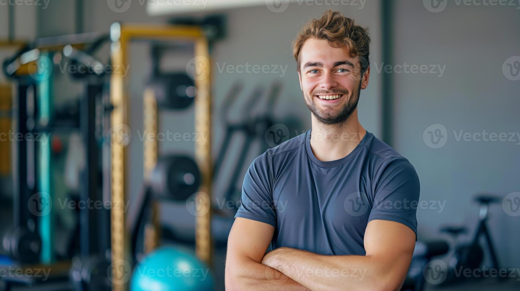 Smiling Young French Male Fitness Trainer in Modern Gym for Health and Wellness Promotion photo