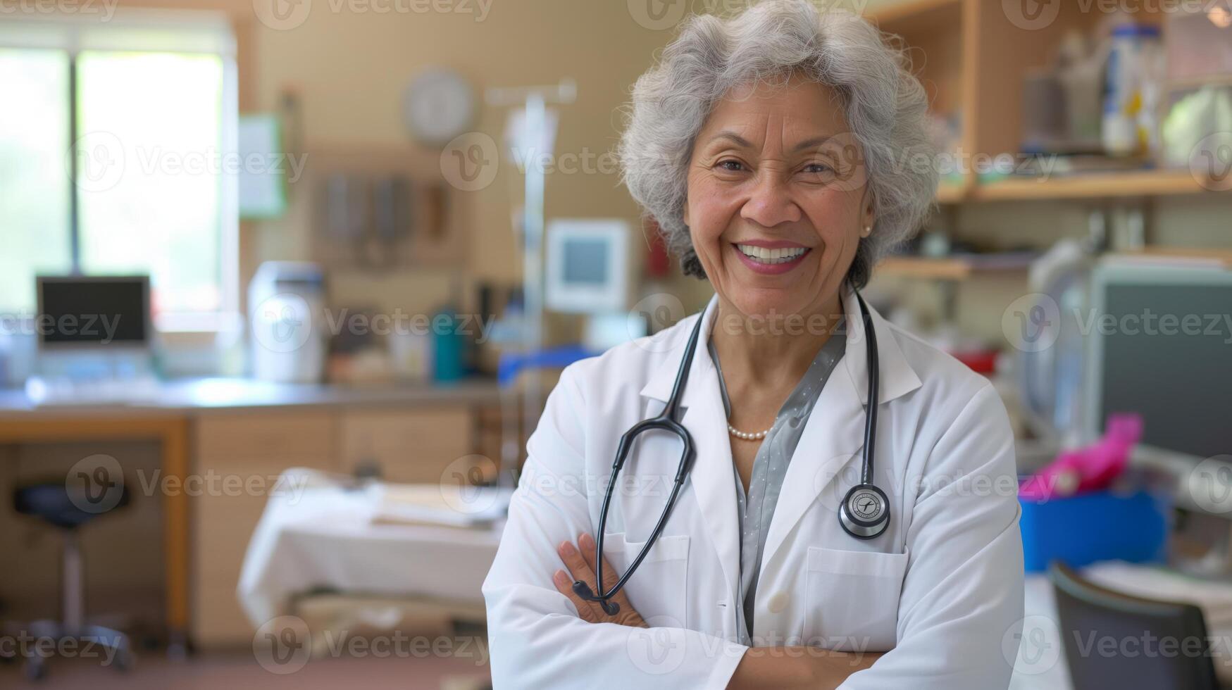 Elderly Native American Female Doctor Smiling in a Medical Office, Ideal for Health, Diversity, and Professionalism-Themed Designs photo