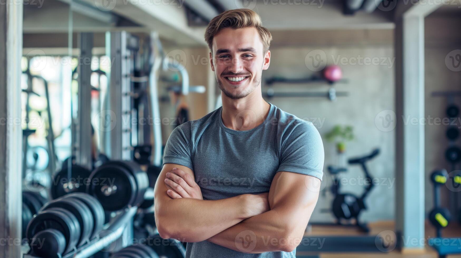 Smiling Young German Fitness Trainer in Gym, Motivational Fitness Concept, Design for Print, Poster photo