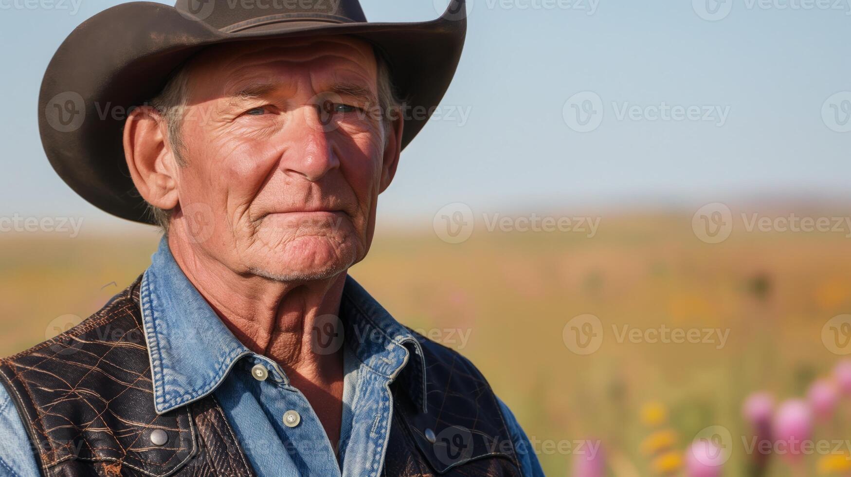 Senior Cowboy in Natural Landscape Wearing Hat and Denim Vest Under Clear Blue Sky for Rural Americana Concept Photography photo